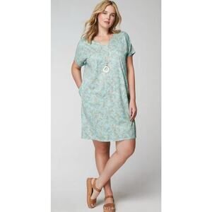 J Jill PureJill Soft V-Neck T-Shirt Dress Organic Cotton Stitched Leaves Medium